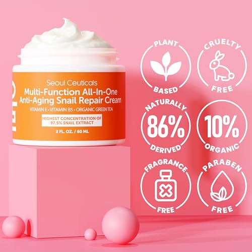 SeoulCeuticals Snail Mucin Moisturizer 97.5% - Korean Skin Care Snail Repair Cream - Day & Night Anti Aging K Beauty Skincare Cruelty Free 2oz