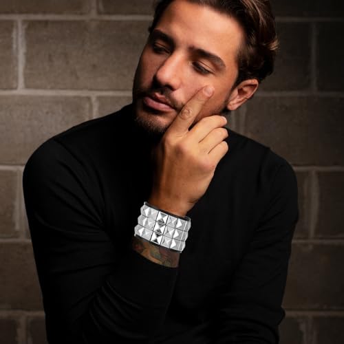 3 Pcs Punk Rock Leather Studded Bracelets for Men Women, Gothic Spike Cuff Bracelet Set for 80s 90s Emo Goth Jewelry Costume Accessories for Rocker Outfits4