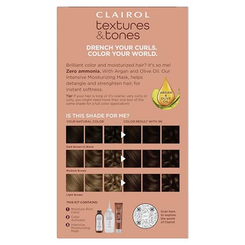 Clairol Textures & Tones Permanent Hair Dye, 3N Cocoa Brown Hair Color, Pack of 4