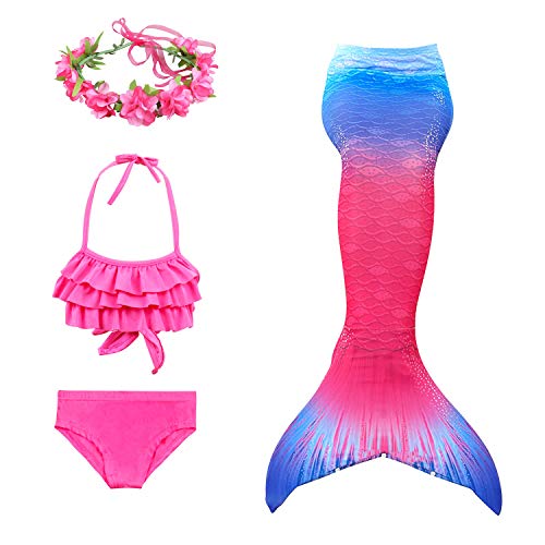 D C.Supernice 3Pcs Lindo Colas de Sirena Niña para Nadar Disfraz Princesa Sirena Bikini Conjunto con Corona de Flores