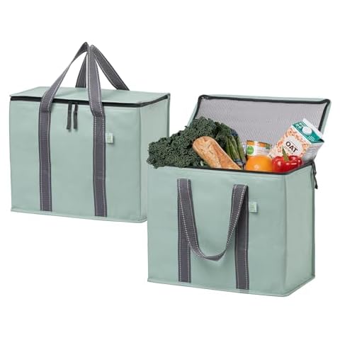 VENO 2 Pack Cooler Bag and Insulated Grocery Bags for Food Delivery, Collapsible Cooler. Reusable Shopping Bags for Groceries with Hard Bottom, Zippered, Foldable, Heavy-Duty (Light Green, 2 Pack) Cover