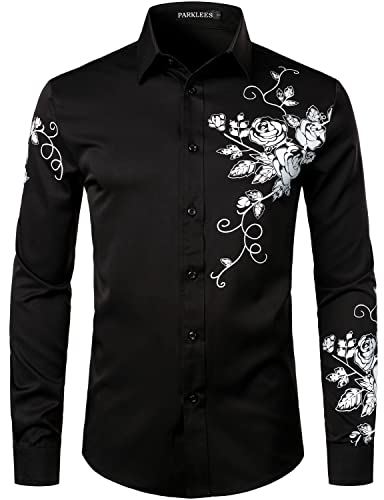 PARKLEES Men's Hipster Rose Floral Print Design Slim Fit Long Sleeve Button Up Party Dress Shirt Black White L