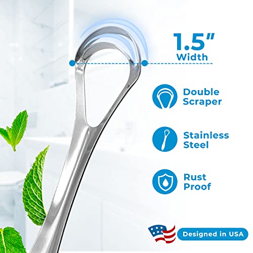 Basic Concepts Tongue Scraper (2 Pack) Dual Scraping Head, Reduce Bad Breath (Travel Cases Included), Stainless Steel Tongue Cleaners, 100% Metal Tongue Scrapers Fresher Breath #TOP2