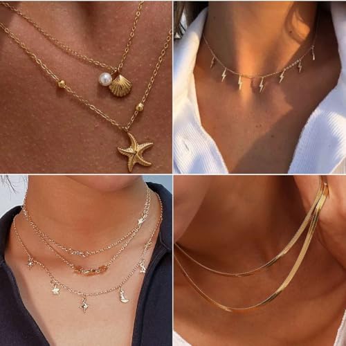 20PCS Gold Plated Choker Necklaces For Women, 14k Gold Plated Dainty Pearl Pendant Simple Chain Necklace Set Gold Layered Necklaces Adjustable Jewelry Gift3