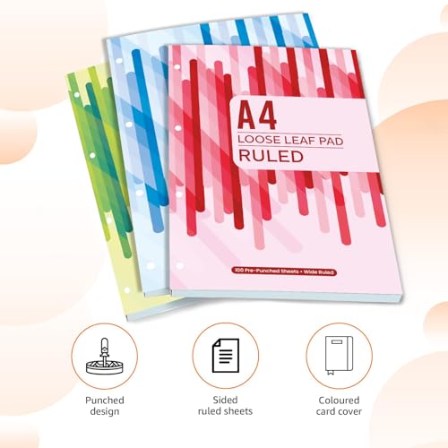 Image of amazon basics Loose Leaf Report Pad | A4 Size | Ruled | Pre Punched for Easy Filing | Easy Tear Off Sheets | Multi-Coloured Cover | Pack of 3 (100 Sheets Each)