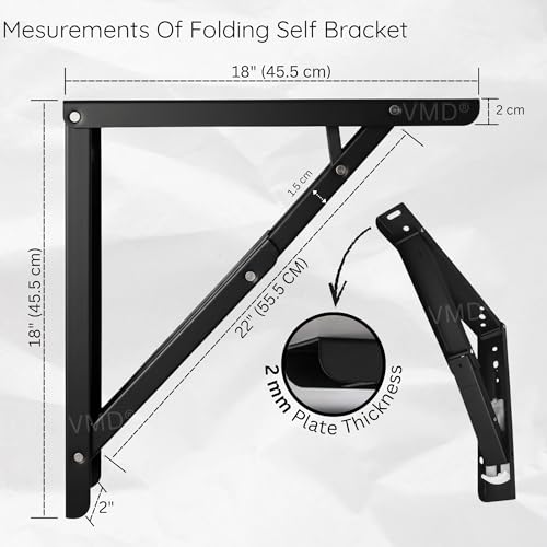 Image of VMD, Heavy Duty 18 inch (Black) Foldable Shelf Bracket, DIY Folding Shelves, l Bracket, Wall Brackets, Wall Angle Bracket, Folding Table Bracket with Fittings for fold Down Steel Table (Pack of 2)