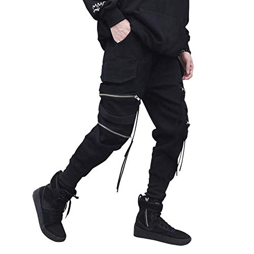 HONIEE Men's Solid Hiphop Cargo Pants Techwear with Zipper Stripes (Black-Z, US M/TAG XL)
