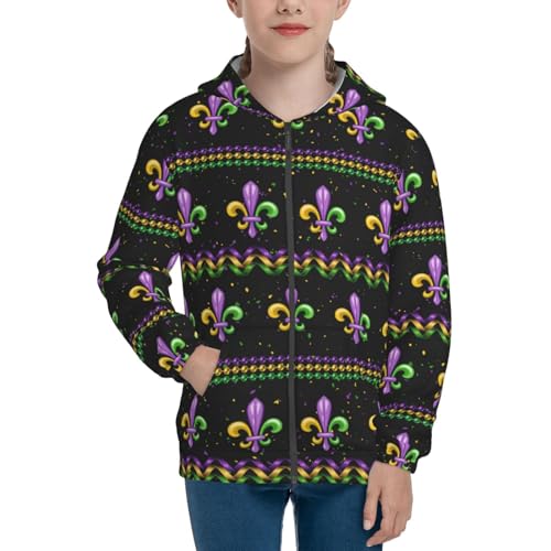 Mardi Gras Fleur de Lis Kid Hoodies Boys Zip Up Sweatshirts Girls Pullover with Pocket Black3