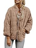 Onsoyours Damen Jacke Warm Mantel Lose Casual Steppjacke Übergangsjacke Mode Kurze Coat Einfarbig Winterjacke Mit Taschen Outwear A Khaki XL