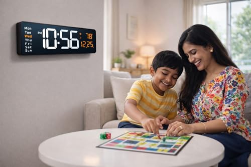 Image of Black Digital Wall Clock with Remote Control, 16.2 Inch Large Display, Temperature Display, Alarm Function, Week Display, Most Gifted for Home and Office