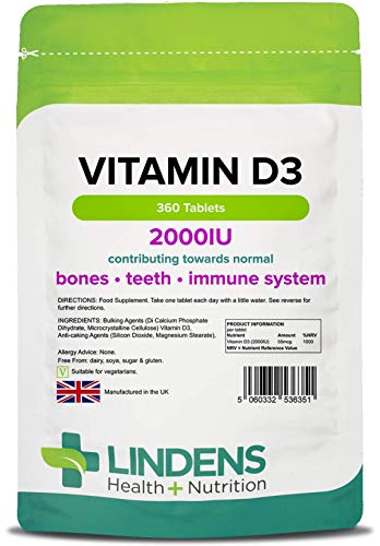 Lindens Vitamin D3 2000IU Tablets | 360 Pack | Potent 1000% Nrv Dose Contributes to Healthy Bones, Teeth, Muscle & Immune Function