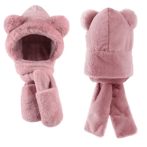 Kids Winter Plush Beanie Hat Scarf Gloves 3 in 1 Set Warm Cute Faux Fur Long Hoodie Earflap Scarf Mitten Gift for Girl Boy4