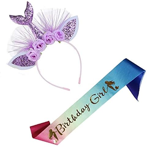 Yoriko Mermaid Birthday Girl Set of Mermaid Headband & Rainbow Satin Sash for Girls (Purple Mermaid) Cover