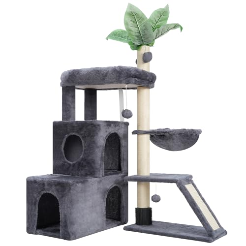 Gitelsnour Cat Tree, Heavy Duty Cat Tower for Indoor Cats, Large Bottom Cat Condo for Maine Coon with Self Groomer Brush, Big Padded Top Perch, Scratching Post, Hammock, Smoky Gray GCT012G