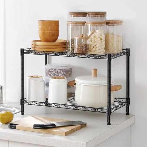 Image of Premium Heavy-Duty 2-Tier Black Metal Wire Storage Rack Shelf Organizer | Adjustable Multipurpose Freestanding Shelving Unit for Home, Office, Kitchen | Size 14 inch D x 14 inch W x 14 inch H Inch