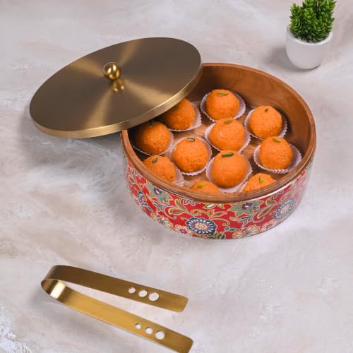 Image of Wooden Chapati Box for Kitchen - Casserole for Roti with Stainless Steel Brass Lid | Wooden Chapati Box with 1 Tong | Traditional Kitchen Organizer - Royal Red & Golden (Printed)