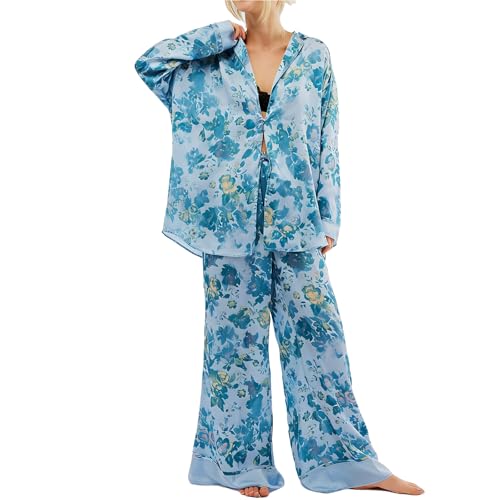 Image of Women Satin Pajama Set Floral Silk Pajamas 2 Piece Lounge Sets Button Down Shirts Wide Leg Pants Pjs Sleepwear