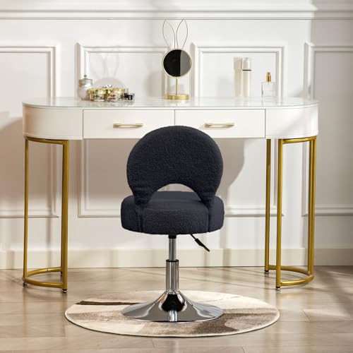 Image of Adjustable Small Vanity Chair with Folding Back for Makeup | 360 Swivel Vanity Stool for Dressing Room | Comfy Teddy Ottoman Stool for Bedroom | Large | Black