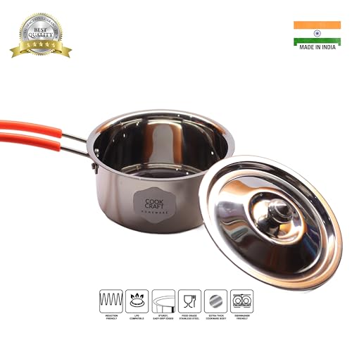 Image of Cook & Craft Premium Heavy Gauge Stainless Steel Milk Pan /Saucepan /Tea Pan /Milk Pot /Sauce Pot with lid, (Induction Cookware) 1 Liter, Silver