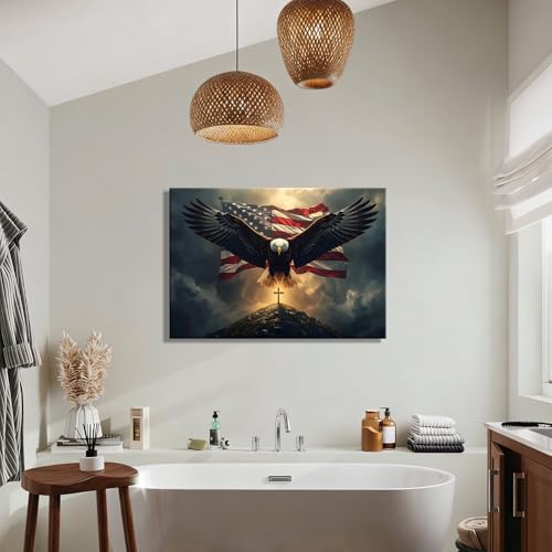Image of Patriotic Bald Eagle with US Flag & Cross Canvas Wall Art, Christian 4th of July Patriotic Wall Decor, Framed Inspirational Canvas Prints, Independence Day Pictures for Office, Bedroom