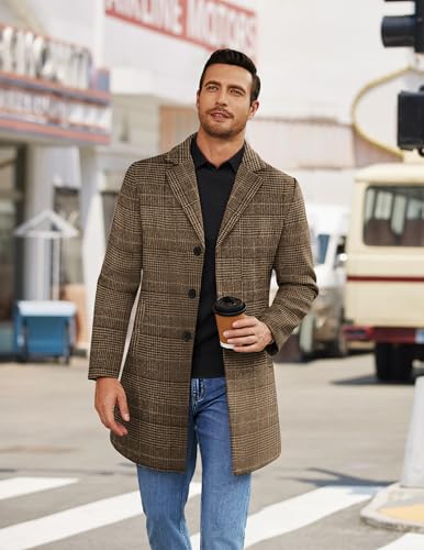 COOFANDY Men's Coat Plaid Khaki Peacoat Men Winter Trench Coats Topcoat Notch Lapel Brown Coat Plaid Wool Jackets L - image 6