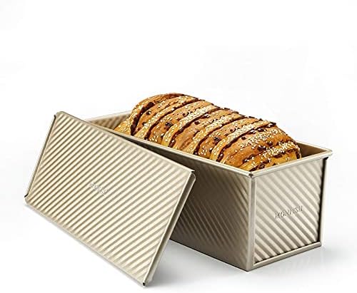 Monfish Pullman Loaf Pan w Cover large Toast Mold rectangle loaf pan w lid 2.2lb dough alluminumed steel champange gold non stick baking bread pan - Thumbnail 2
