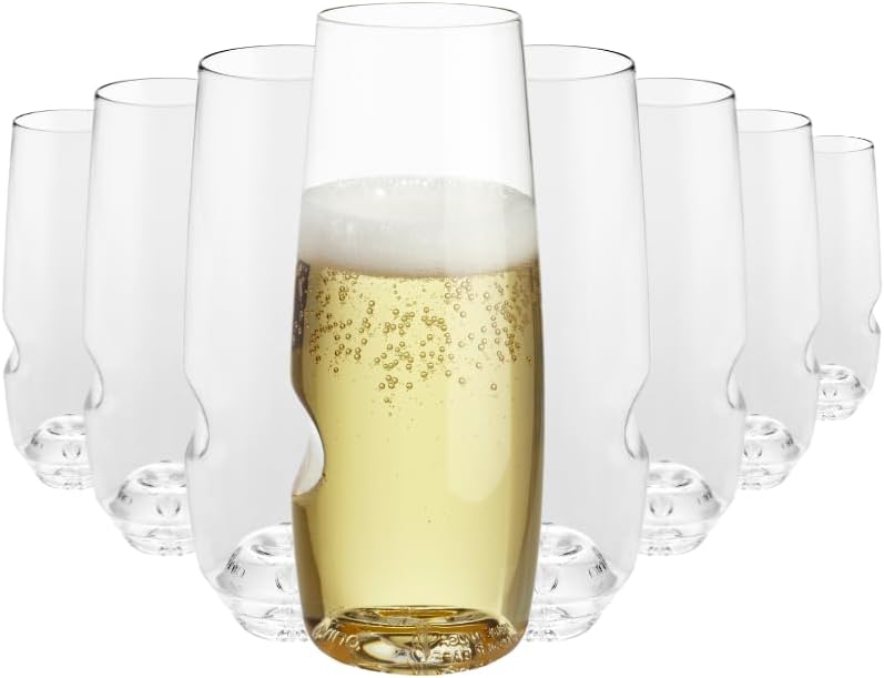 Unbreakable Stemless Flute Glass – Set of 8, 8oz, Dishwasher Safe, BPA-free Tritan, Clear Stemless Champagne Glasses, Shatterproof for Indoor, Outdoor, Everyday Use. Reusable, Made in the USA