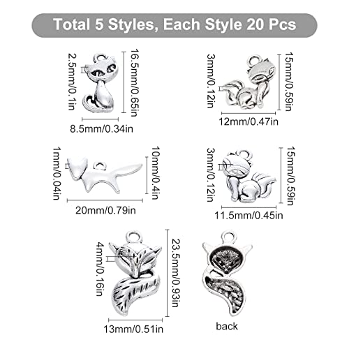 Beebeecraft 1 Box 100Pcs 5 Style Silver Fox Charms Tibetan Silver Metal Animal Jewelry Making Pendants Bulk for Bracelet Necklace Pendant - Image 2