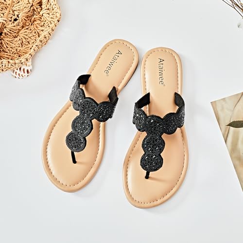Image of Ataiwee Women's Bohemian Bling Flat Slide Sandals - Casual Summer Thong Sandals with Rhinestone Decor, Rubber Sole, Lightweight & Comfortable for Casual Attire Strappy Sandals.