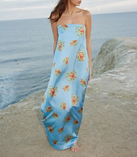 Image of Women Floral Print Maxi Tube Dress Strapless Flowy Long Bandeau Dress Y2K Open Back Sundress Summer Beachwear