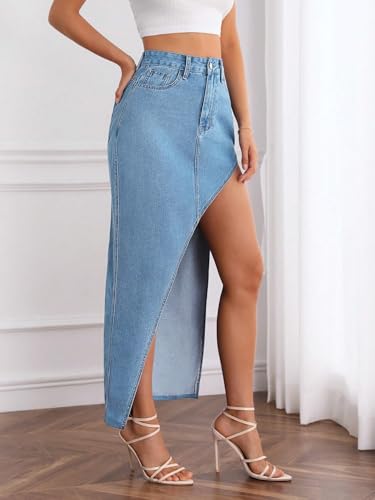 MakeMeChic Women's Denim Maxi Skirt Asymmetrical Split Hem Zip Up Y2K Jean Maxi Skirts3