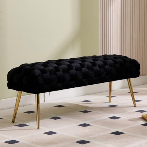 DAYALANE Banc Bout de Lit en Velours Banquette d'Entrée avec Pieds en Métal Doré Banc Ottoman Capitonné pour Entrée/Salon/Chambre, Noir