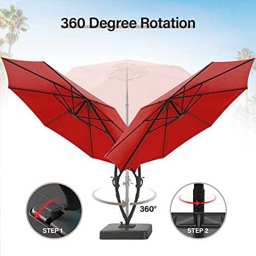 Lausaint Home Outdoor Patio Umbrellas 12Ft Upgraded Curvy Aluminum Offset Umbrella, Patio Cantilever Umbrella With Base, 360° Rotation With Unique Pedal Design For Market Garden Deck Pool Backyard (Red, 12Ft) #TOP2