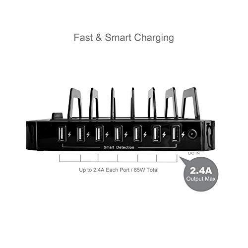 AVLT 7 Port USB Charging Station with Quick Charge for Multiple Devices - 5 Pack 9.8" Micro USB Cables Included - Docking Stations & Device Organizer for Family, Office, Hotel