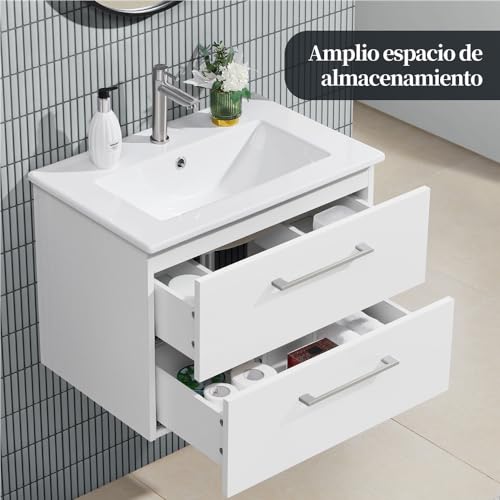 Yaheetech Mueble Baño con Lavabo Mueble de Lavabo bajo el Grifo Suspendido en Pared con 2 Cajones Mueble Auxiliar baño 61x39,5x45,5 cm Blanco - imagen 5
