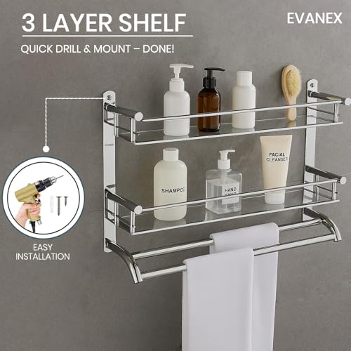 Image of EVANEX 3-Layer Bathroom Shelf 304 Grade Stainless Steel Bathroom Organizer Racks and Shelves | Bathroom Storage Shelf with Towel Bar | Wall Mount Multipurpose Shelf | Bathroom Accessories Set