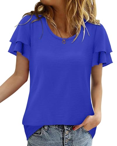 CRAZY GRID Women's Shirts Summer Casual Crewneck Ruffle Short Sleeve Blouses Cute Floral Print Tunic Tops