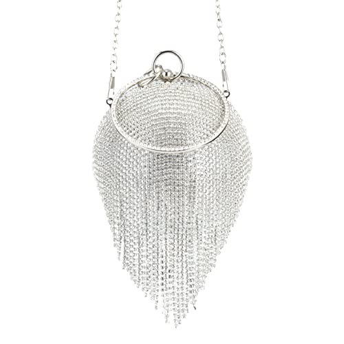 Image of Gripit Women's Evening Round Ball Tassels Bag Diamond Clutch Purse Glitter Party Wedding Handbag with Chain