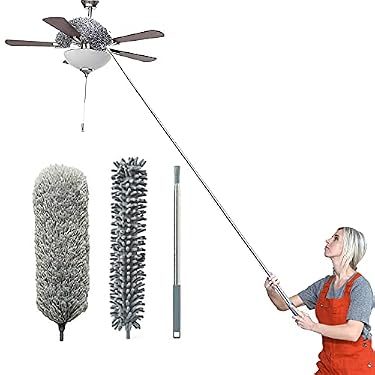 AMAZON - Telescoping Microfiber Duster,Dsuter with 100″ Stainless Steel Extension Pole and Protective Cap,Detachable & Washable & Bendable,Cleaner for Ceiling Fan,Lamps,Chandelier,Blind,Wall,Cobweb,Car (Gray)