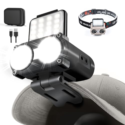 Hopedone LED Hard Hat Light, 800Lumens Rechargeable Dimmable Clip on Cap Lights, 180°Adjustable Hands Free Hat Flashlight Headlamp Waterproof for Running, Camping, Hunting, Cycling (Black)
