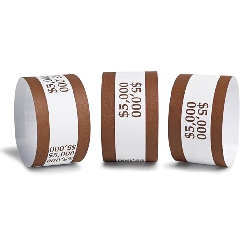 L LIKED Pack of 100 Currency Straps Money Bands, Self Sealing Money Bill Wrappers (Brown $5000-100 PCS)