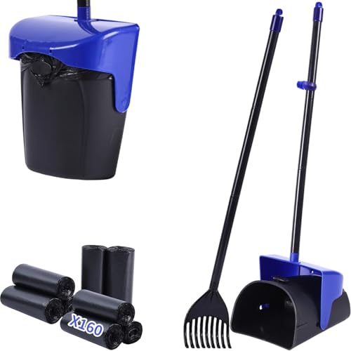 Image of Pooper Scooper Large Swivel Bin & Rake with 160 Waste Bags,Heavy Duty Dog Pooper Scooper with Bag Attachment for Large Small Dogs, Long Handle Poop Scooper with Lid for Yard, Grass, Gravel (Blue)