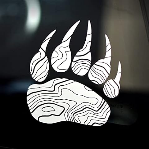Byzee Bear Paw Print Decal | Mountain Topography Grizzly Bear Claw Track Mark Sticker | White 4" x 4.6" Die Cut Vinyl Graphic for Car or Truck Windows/Doors | Unique Topographic Map with High Detail Cover