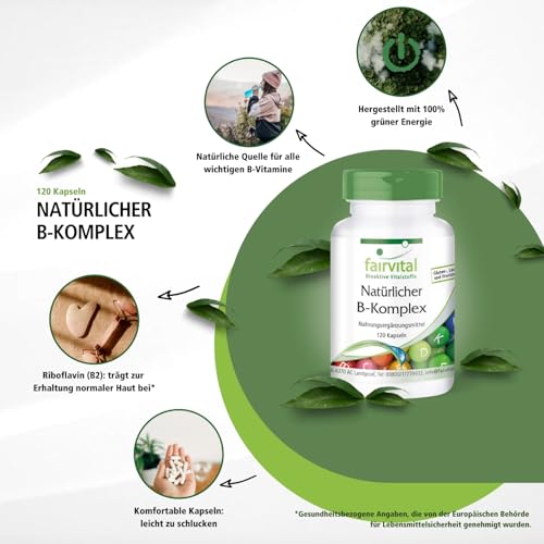 Fairvital | Vitamin B Komplex - natürlich aus Hefe - alle 8 B-Vitamine (B1, B2, B3, B5, B6, B7, B9, B12) - VEGAN - 120 Kapseln - schluckfreundlich - mit Cholin und Inositol