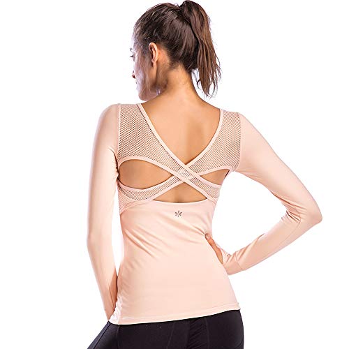 Move With You Women's Workout Yoga Long Sleeve Top Slim Mesh Open Back Cross Sports Shirt with Thumb Holes, L, Pink2