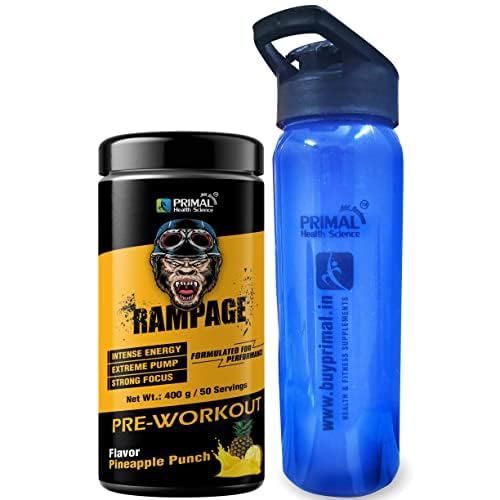 Rampage Pre Workout | 50 Servings | 13 Super Ingredients | Beta-Alanine | L-Citruline | Arginine | Pump, Energy, Muscle gain, (Pineapple Punch + Free Shakker Sipper)