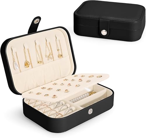 Image of Lazer Accessories Jewellery Organiser PU Leather Zipper Portable Storage Box Case with Dividers Container for Rings, Earrings, Necklace Home Organizer | Black