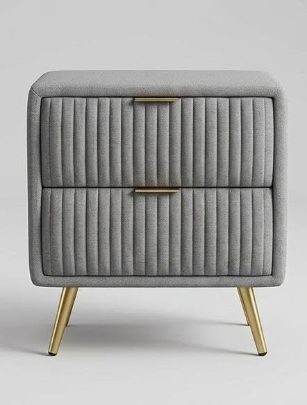 Image of Craft D Art HDMR Upholstered Bedside Table with 2 Channel-Tufted Drawers for Bedroom | Modern Nightstand with Gold Accents & Metal Legs | Side Table for Living Room, Home & Office | DIY Assembly |Grey