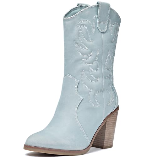 Women's Mid Calf Western Boots Pointed Toe Cowboy Boots Chunky Pump Heel Cowgirl Boots.3