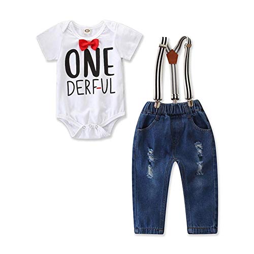 Baby Boys Gentleman Bowtie Suits Formal Short/Long Sleeve Overall hirt with Bow Tie and Bib Suspender Pants Infant Wedding Suit Set Blue(Short Sleeve) 12-18 Months